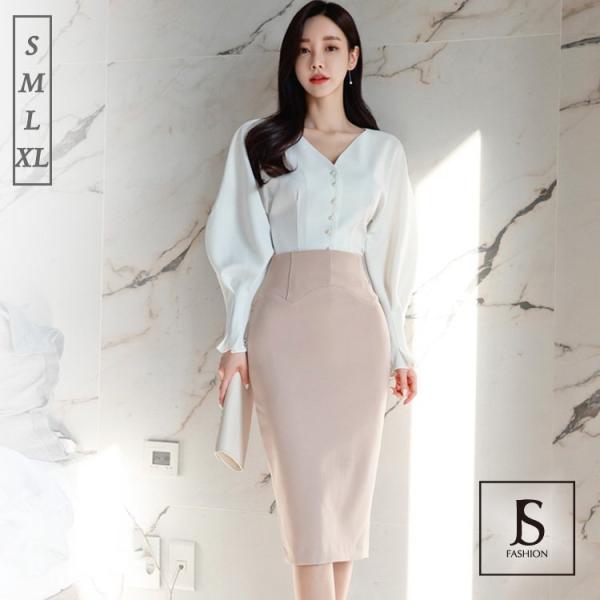 セットアップ ブラウストップスとスカート上下セット 長袖 ミモレ丈 ロングスカート きれいめ エレガ...