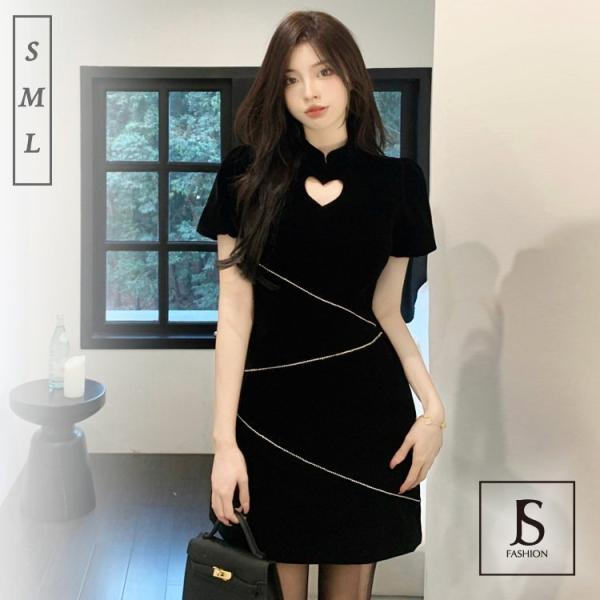 ベロアワンピース 半袖 パフスリーブ ミニワンピース ストーン飾り ミニ丈 ショート丈 黒 ブラック...