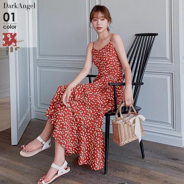 ワンピース ロング 柄 春 キャミワンピ 花柄 フレア フリル 夏 レディース 上品 大人 かわいい...