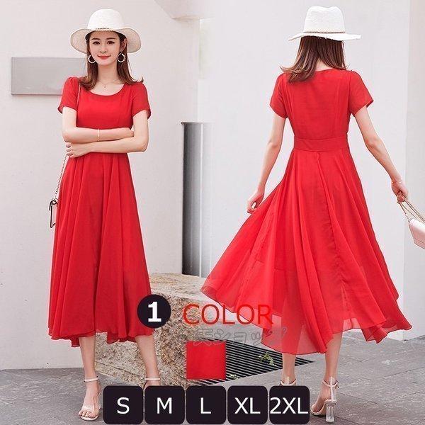ワンピースレディース シフォンロングワンピース 赤 無地 夏物 半袖 Uネック パーティードレス 披...