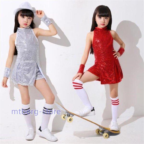 キッズ ダンス 衣装 スパンコール キッズダンス衣装 ドレス キッズ ワンピース 子供ヒップホップ ...