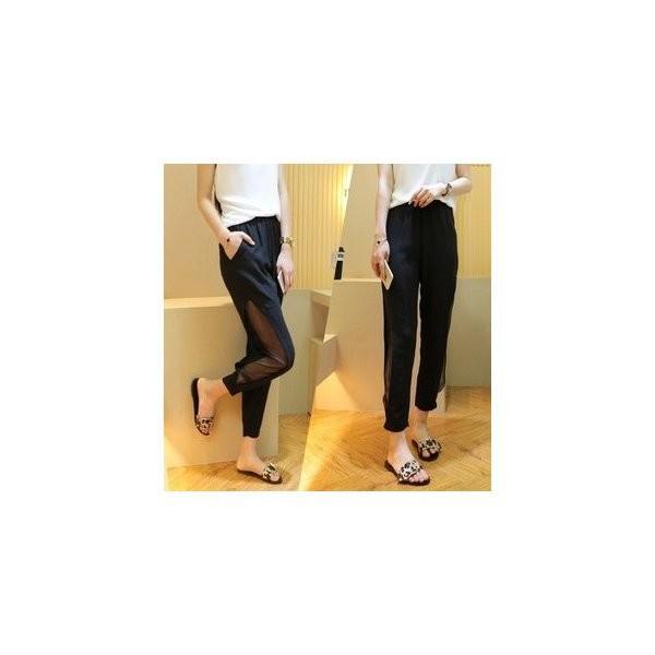 パンツレディースハーレムパンツズボンボトムスサルエルパンツロング丈無地着痩せ両サイトシースルーシフォ...
