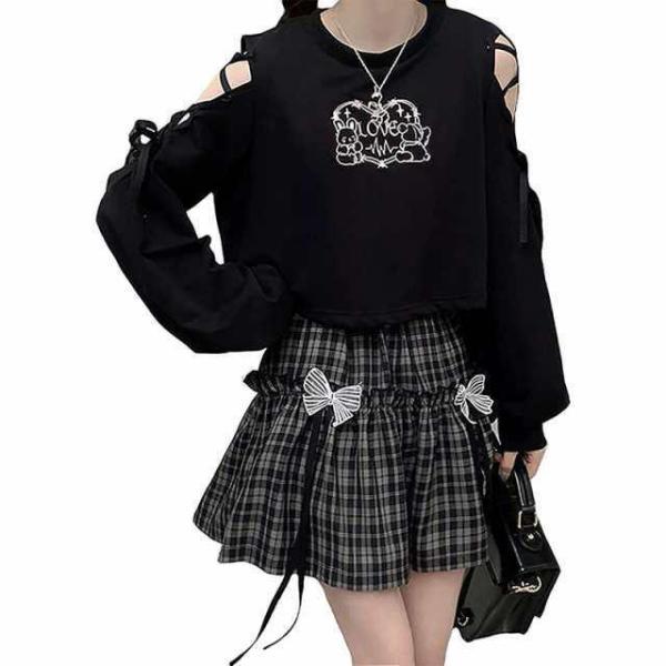 パーカー レディース 病みかわいい 肩出し リボン 兎柄 地雷系 ファッション 長袖 ショート トッ...