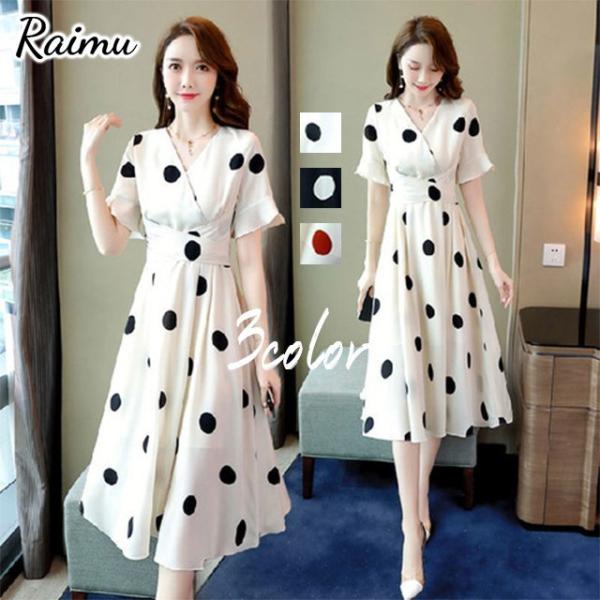 ワンピース レディース 40代 膝丈夏 半袖 シフォン Vネック きれいめ ドット柄ワンピース Aラ...