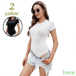 半袖カットソー ボディスーツ レディース 女性用 無地 ラウンドネック レオタード風 タイト フィット感 トップス インナー シンプル モノトーン ク
