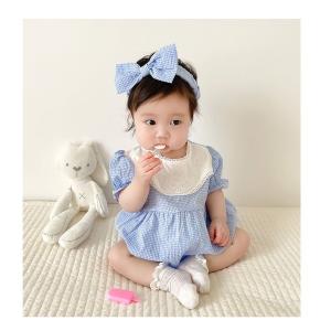 ロンパース ワンピース ベビー服 女の子 春 夏 半袖 コットン 綿 70 80 レース チェック ギンガムチェック フリル キッズ｜stumsk0014