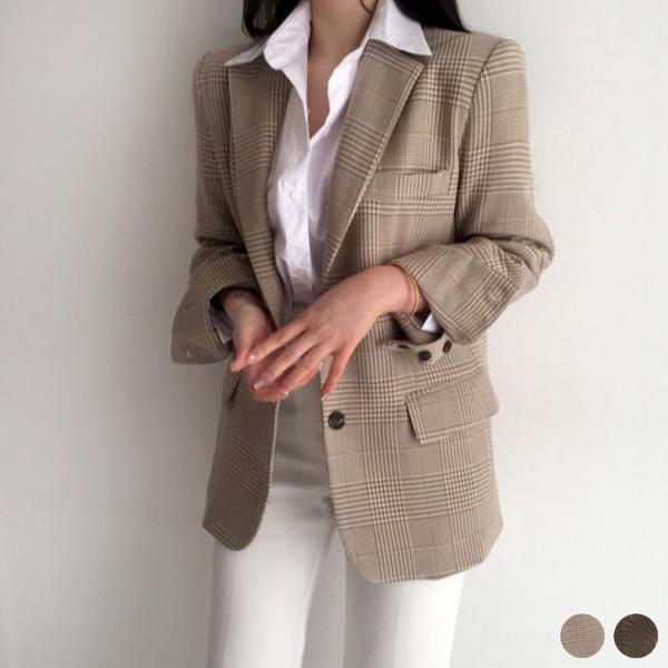 ジャケット チェック柄 レディース レトロ グレンチェック オフィス チェックジャケット レトロ ベ...