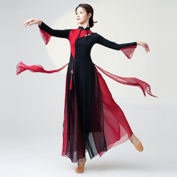 エスニックダンス衣装 チャイナ服 古典ダンス衣装 ペンダント付き フレア袖 チャイナドレス シフォン...
