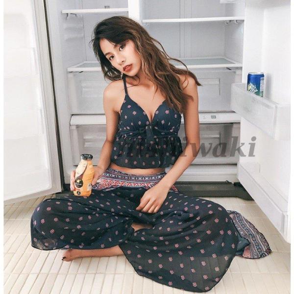 フリル ビスチェ ビキニ 3点セット おしゃれ 体型カバー 水着 レディース かわいい ネイティブ柄...