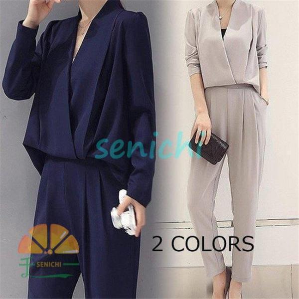 パンツスーツ 2点セット セットアップ Vネック 体型カバー 着痩せ 大きいサイズ ママ 母親 卒園...