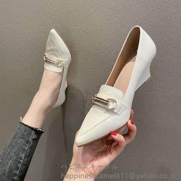 3colorウェッジソールパンプス5cmヒールpu 痛くない疲れないレディース歩きやすいオフィス脱げ...