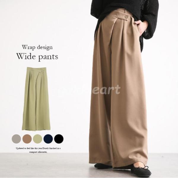 レディースラップワイドパンツガウチョパンツバギーパンツボトムスカジュアルタックパンツリラックス美ライ...