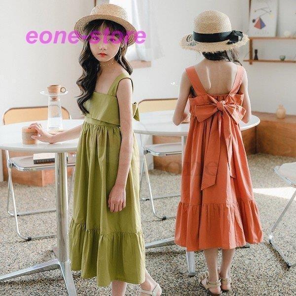 子供服ワンピース春夏女の子キッズワンピースノースリーブ蝶結び無地チュニック子供ドレスジュニアお姫様お...