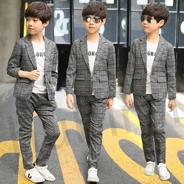 キッズ 男の子 スーツ  子供服 上下セット チェック カジュアルスーツ 韓国風 秋冬 結婚式 入学...