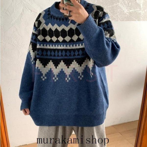 ニットセーター メンズ 長袖 クルーネックセーター ネイティブ柄プルオーバーセーター 秋冬 防寒セー...