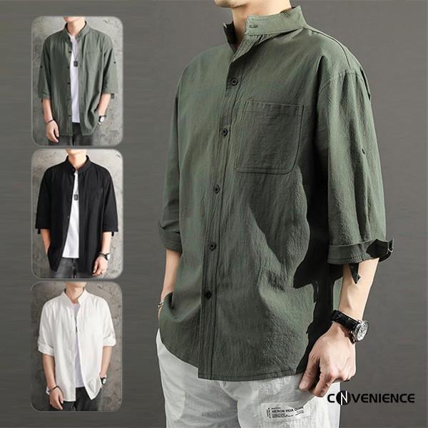 綿麻 リネン カジュアルシャツ メンズ 大きいサイズ 夏 ボタンダウン 五分袖 半袖 開襟シャツ ク...