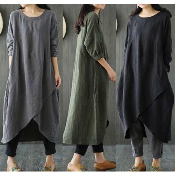 ワンピース レディース チュニック 春 秋 長袖 きれいめ 綿麻風 ワンピ 膝丈 エスニック風 体型...
