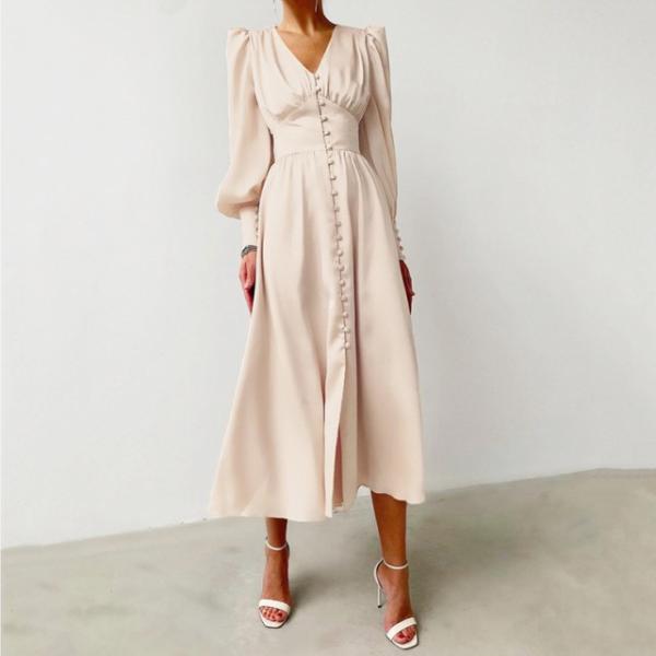 ワンピース レディース ロングワンピース パフショルダー とろみワンピ シャツドレス サテン 光沢 ...