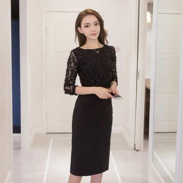 ワンピース レディース ワンピドレス タイトワンピース ひざ丈 袖あり 7分袖 ラウンドネック レー...