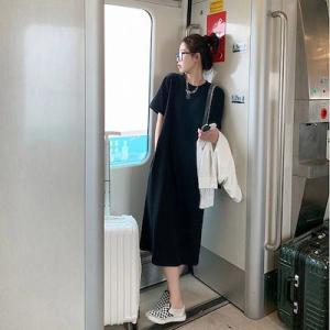 のワンピースドレス便利2wayワンピース Tシャツワンピース膝丈スローチーボトムレスドレスワッフル半...