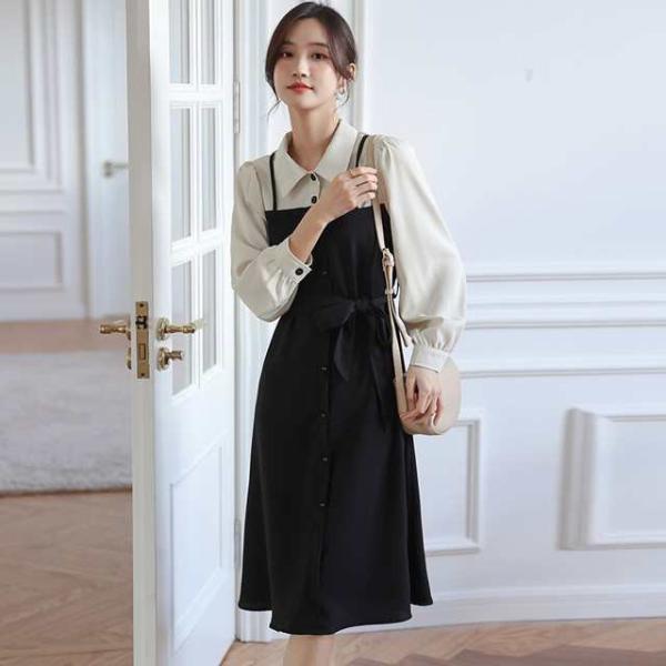 シャツワンピース 長袖 ひざ丈 フェイクツーピース アシンメトリー リボン Ａライン ハイウエスト ...