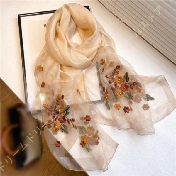 シルクストール シルク シワ加工 刺繍づき スカーフ 絹 大判 花柄 マフラー ショール レディース...