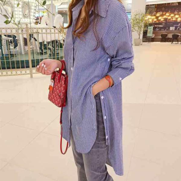 シャツ トップス レディース ストライプロングシャツ ストライプシャツ ロングシャツ ストライプ柄 ...