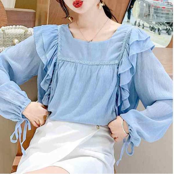 ワンカラー トップス ブラウス レディース 春 春 秋 かわいい きれいめ 長袖 長袖 スクエアネッ...