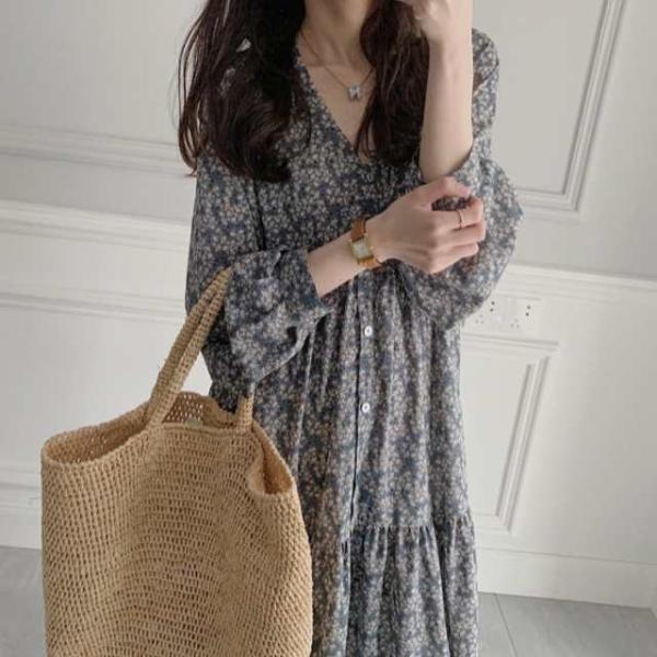 ワンピース レディース  30代 40代 春 夏 秋 長袖 ロングワンピース vネック 花柄ワンピー...