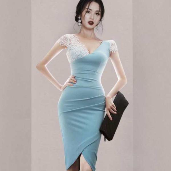 ワンピース ペンシルスカート レース 切り替えワンピ アシンメトリー スリット ワンピース チュニッ...