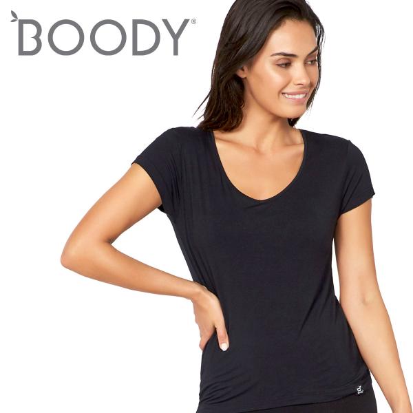 ブーディ Vネック Tシャツ レディース 半袖 トップス 黒 白 グレー 竹繊維 通気性 吸湿性 抗...
