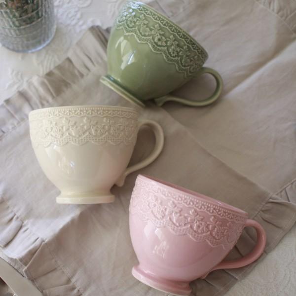 マグカップ マグ 陶器 コップ 可愛い グリーン ピンク アイボリー アンティーク風 可愛い食器 お...