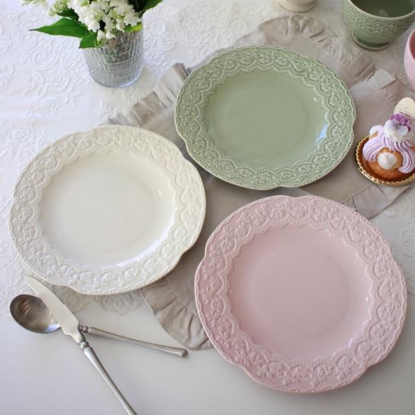 ディナープレート 23cm プレート 皿 陶器 グリーン ピンク アイボリー アンティーク風 可愛い...