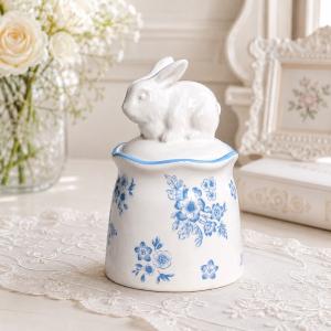 キャニスター 陶器 小物入れ シュガーポット ラビット うさぎ 可愛い 花柄 陶器製 ブルームラビットキャニスター (090) アンティーク風 おしゃれ ウサギ かわい
