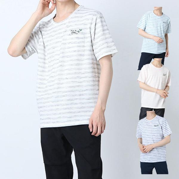 Tシャツ カットソー 半袖 ボーダー柄 ロゴ 刺繍 胸ポケット 丸首 クルーネック 夏 ポップコーン...