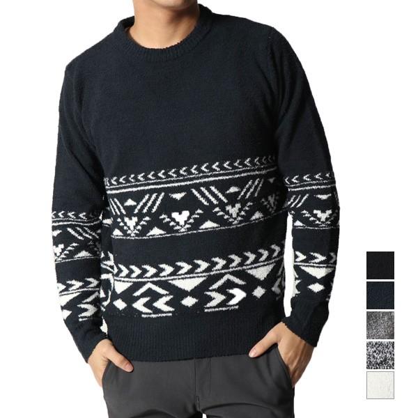 ニット セーター クルーネック 丸首 長 エスニック柄 ネイティブ柄 ジャガード プルオーバー トッ...