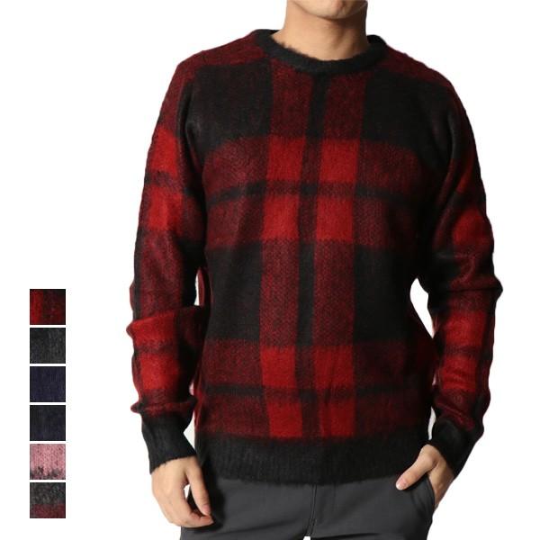 ニット セーター クルーネック 丸首 長袖 チェック柄 タータンチェック ヤーン ジャガード プルオ...