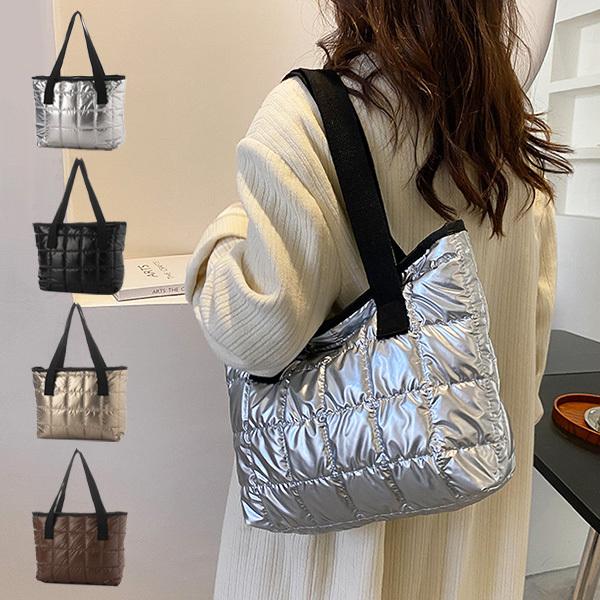 トートバッグ ショルダーバッグ A4 大きい 光沢 メタリック 無地 肩掛け キルティング バッグ ...