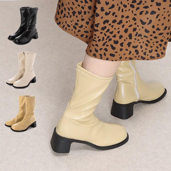 ショートブーツ ブーツ 黒 PUレザー 太ヒール チャンキーヒール 歩きやすい 靴 シューズ レディ...