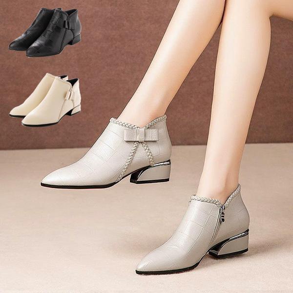 ショートブーツ ブーティー リボン 合成皮革 PUレザー ローヒール 歩きやすい 黒 靴 ブーツ シ...