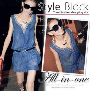オールインワン 春夏 上下セットアップ サロペット ノースリーブ 袖なし オーバーオール デニム 大きいサイズ レディース