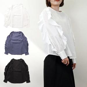 シャツ ブラウス 長袖 無地 フリル 綿100％ コットン 白 黒 トップス レディース｜styleblock