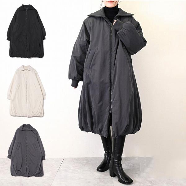 中綿コート ロングコート リブカラー バルーン 無地 アウター レディース