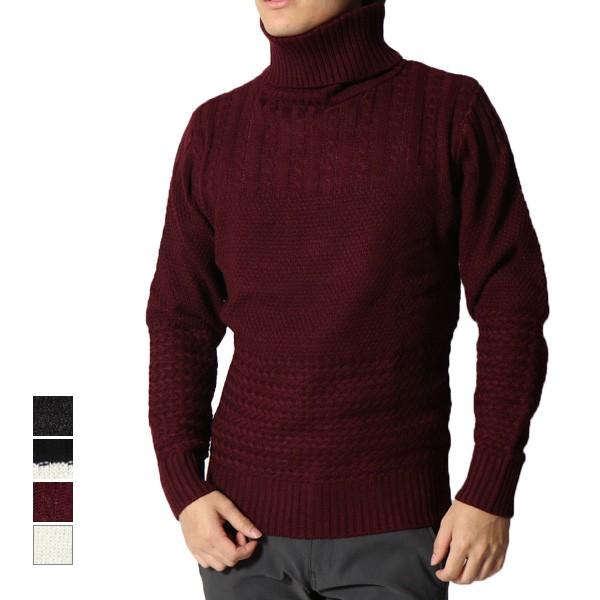 ニット セーター 長袖 ハイネック タートルネック アクリルニット 三段編み変え プルオーバー トッ...