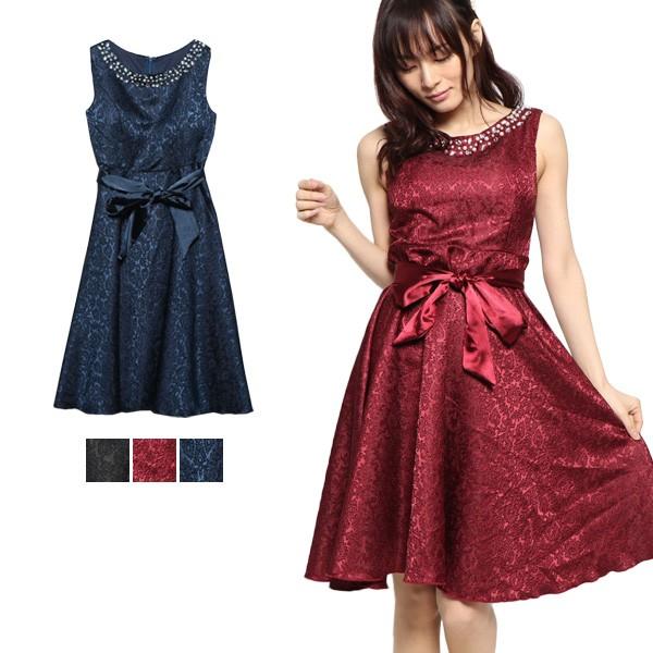 パーティードレス パーティドレス 結婚式  謝恩会 ひざ丈 膝丈 ノースリーブ リボン ビジュー ク...