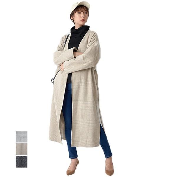コート 春夏 コート ガウンコート ロング ノーカラー ベルト付き ドロップショルダー グレンチェッ...