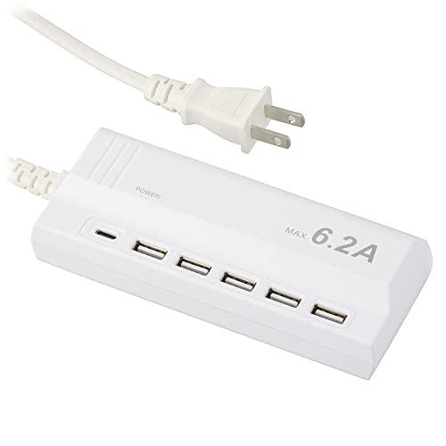 オーム電機 USB ACチャージャー TypeA×5＋TypeC 1.5m AC充電器 USB電源タ...
