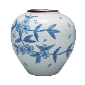 九谷焼 仲田錦玉 7号花瓶 渦打青粒鉄仙 桐箱付 : 九谷焼 STYLeNCE