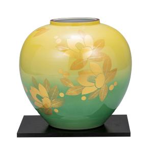 日本の伝統工芸品【九谷焼】 8号花瓶 釉裏金箔彩山茶花 台付 山田登陽志 (K8-1305)｜stylence