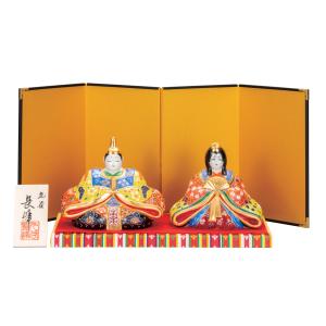 日本の伝統工芸品【九谷焼】 5号雛人形 黄紅盛 台・敷物・立札・屏風付  (K8-1686)｜stylence